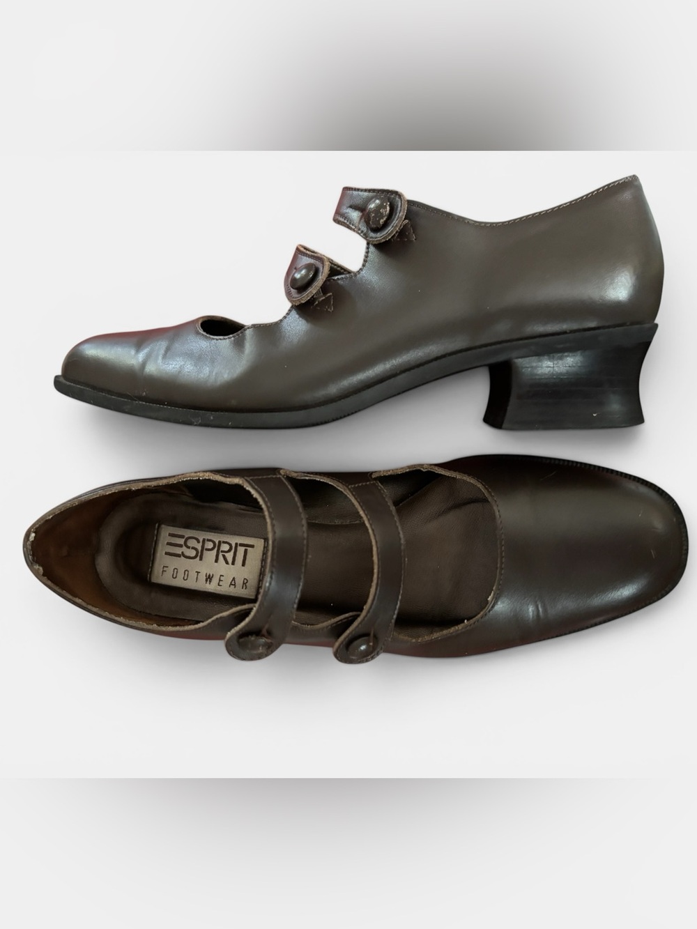 Vintage 90s Esprit Brown Leather Mary Jane Double Strap Chunk Heel Shoes